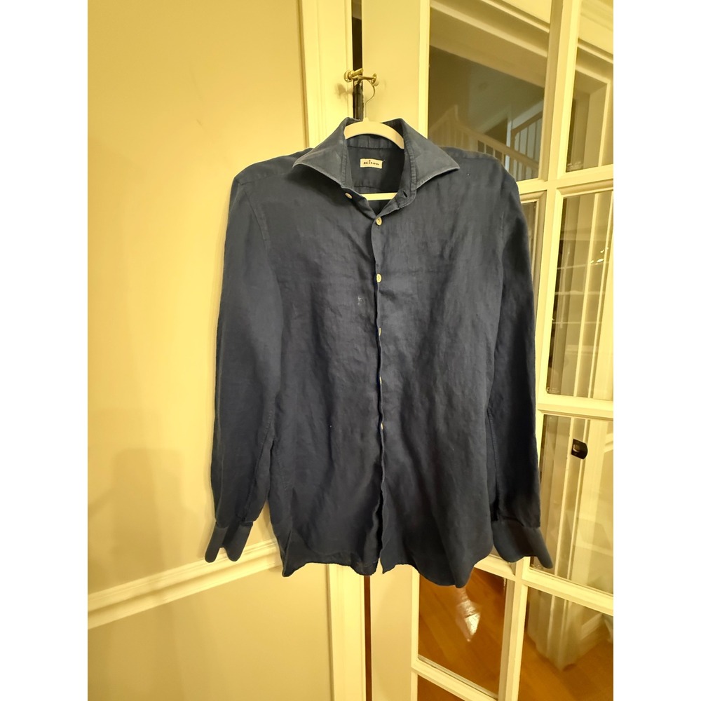 Kiton Mens Navy Blue 100% Linen Long Sleeve Button Down Shirt Size 41 16 US